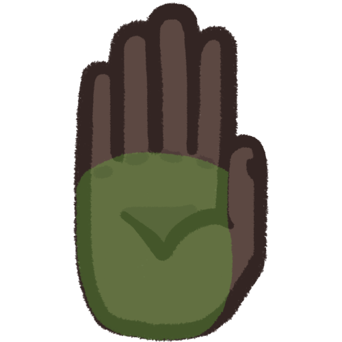 a dark skinned hand, palm outward and the palm is highlighted green